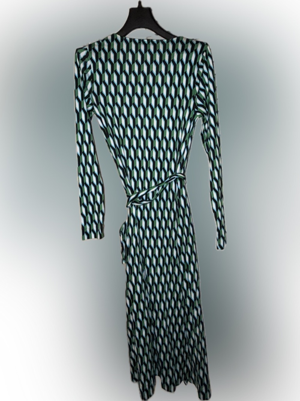 Diane Von Furstenberg Teal, Navy and White Geometric Wrap Dress - Picture 3 of 6